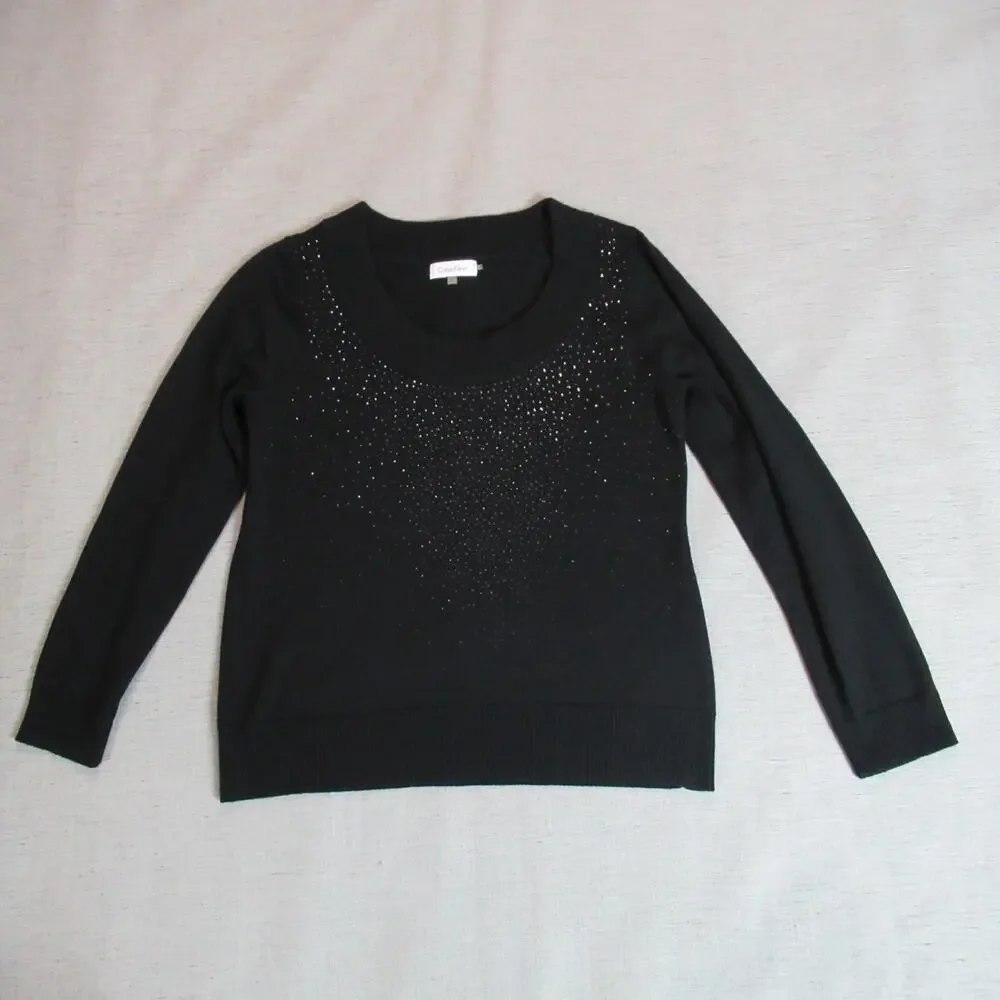 Calvin Klein Sweater Womens Large Black Wool Blend Knit Pullover Studded Holiday